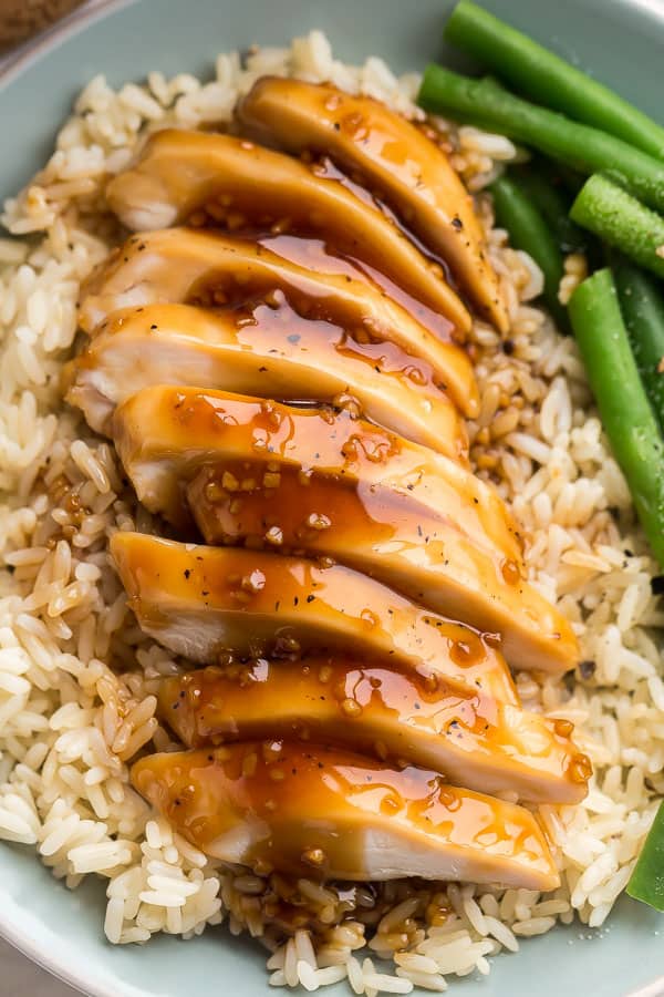 close up image of sliced honey garlic chicken breast