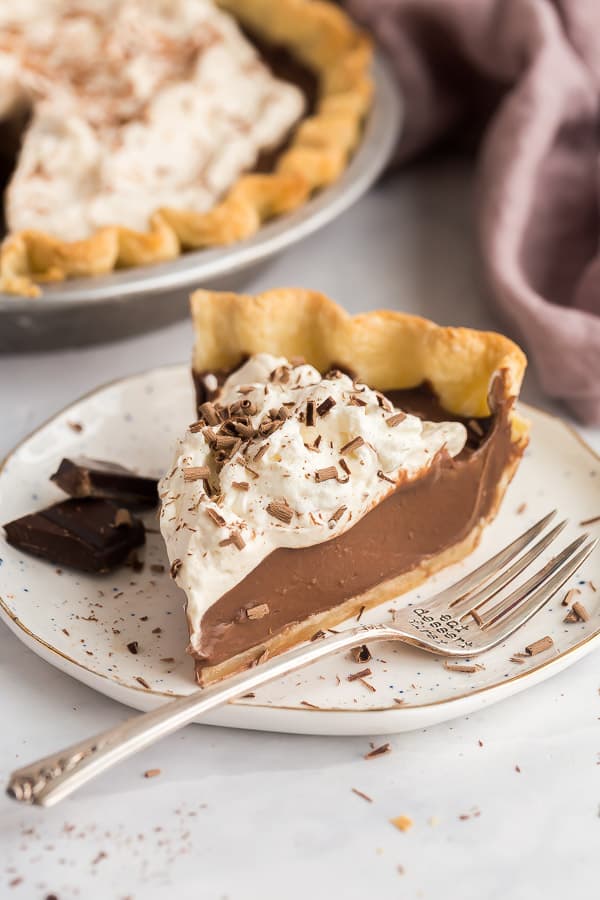 piece of chocolate pie on a white plate with fork