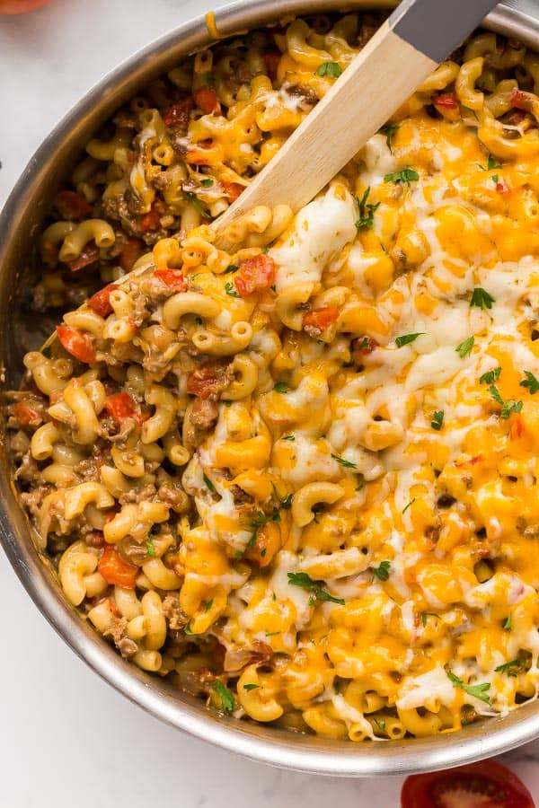 close up image of taco mac and cheese in skillet