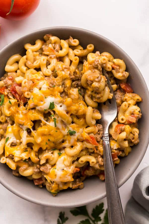 overhead image of taco mac and cheese in grey bowl