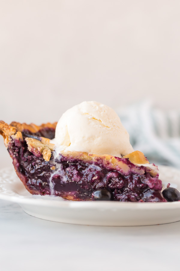 slice of blueberry pie close up with ice cream