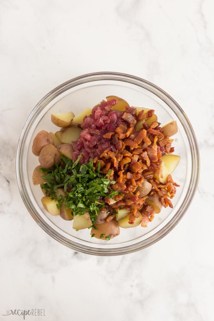 ingredients for german potato salad ready to be mixed