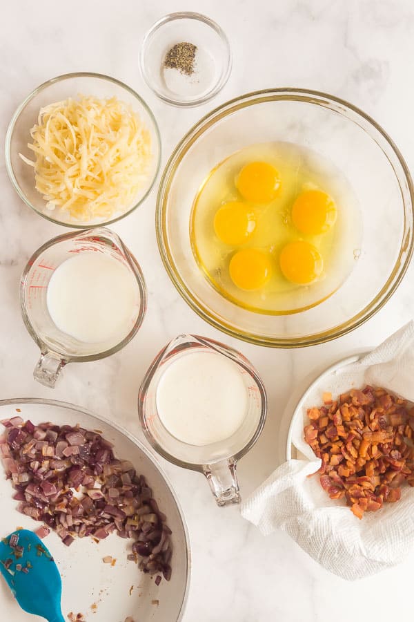 overhead image of ingredients for quiche lorraine