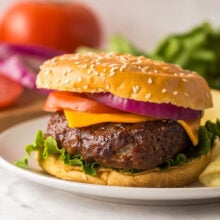 air fryer burger on bun with toppings