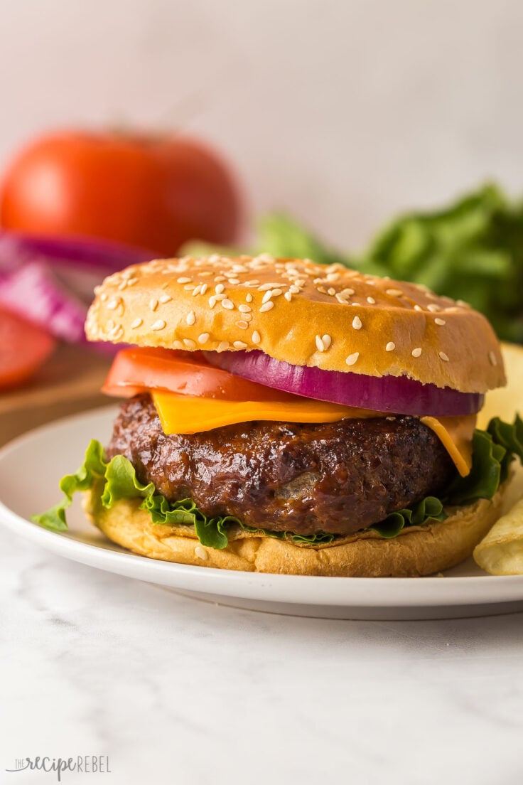 air fryer burger on bun with toppings