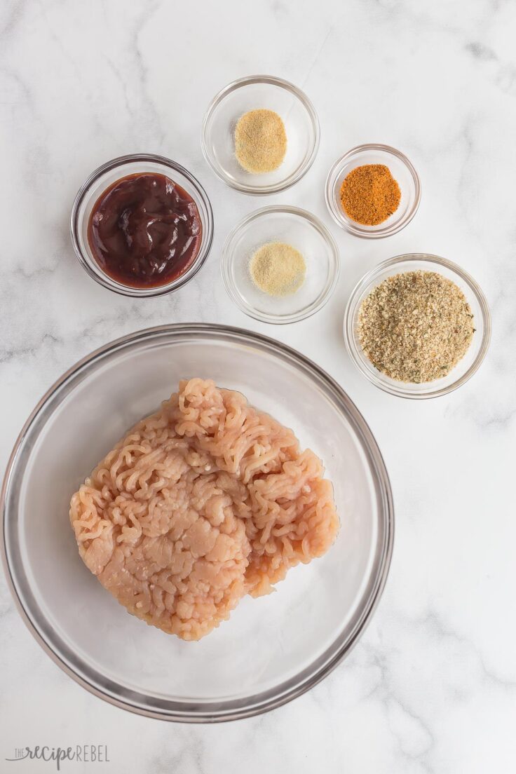 chicken burger recipe ingredients on white background