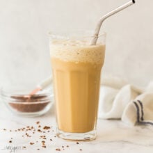 square image of iced coffee frappe recipe in glass