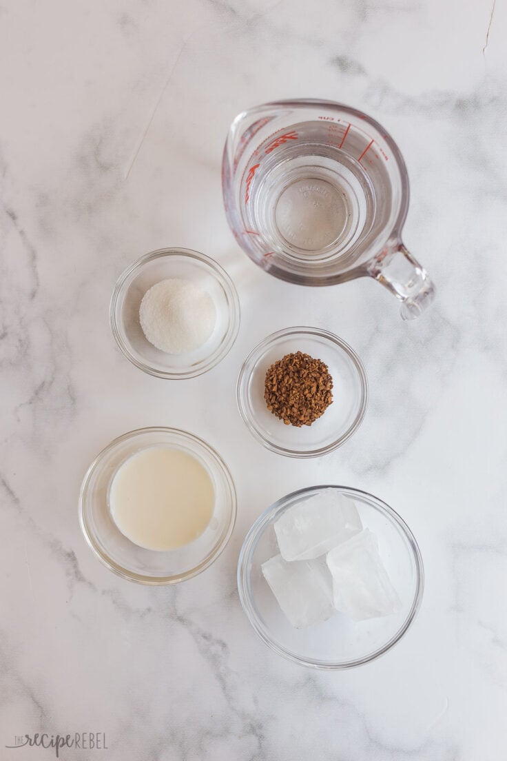 overhead image of coffee frappe ingredients