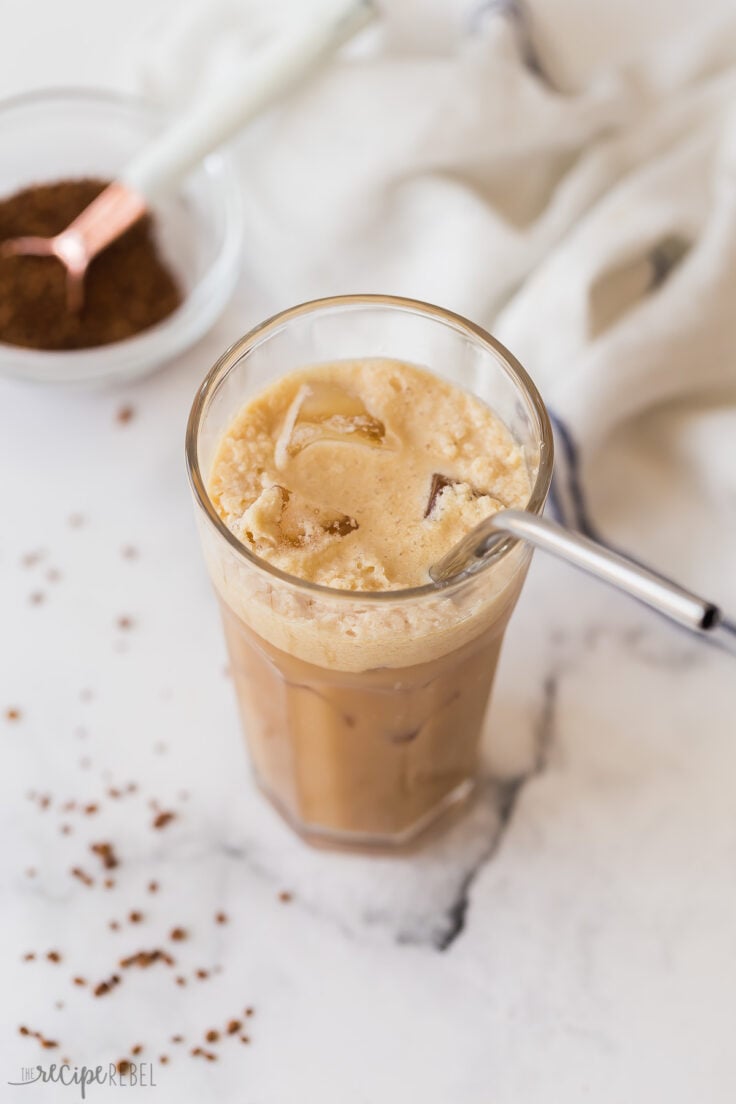 close up image of foam on coffee frappe