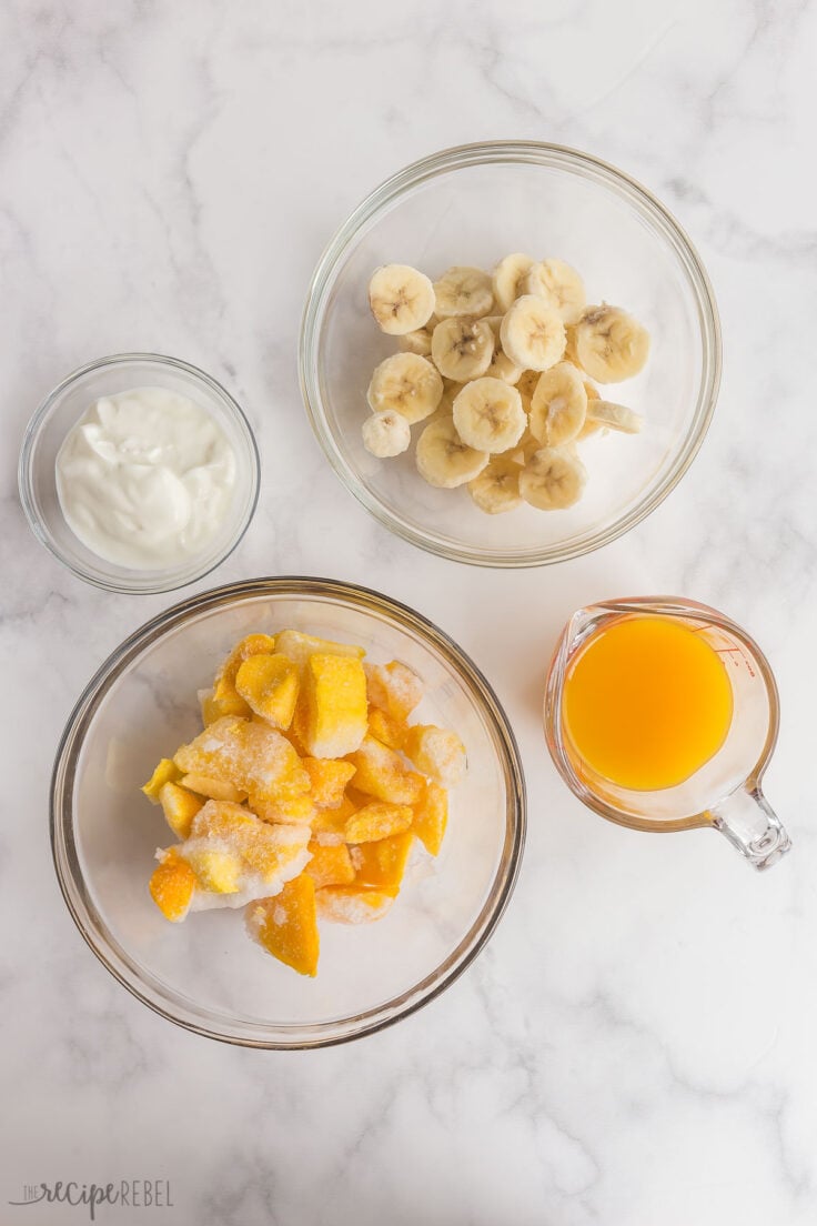 overhead image of mango smoothie ingredients