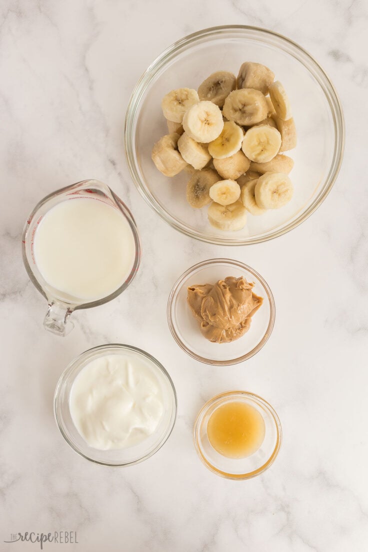 overhead image of peanut butter banana smoothie ingredients