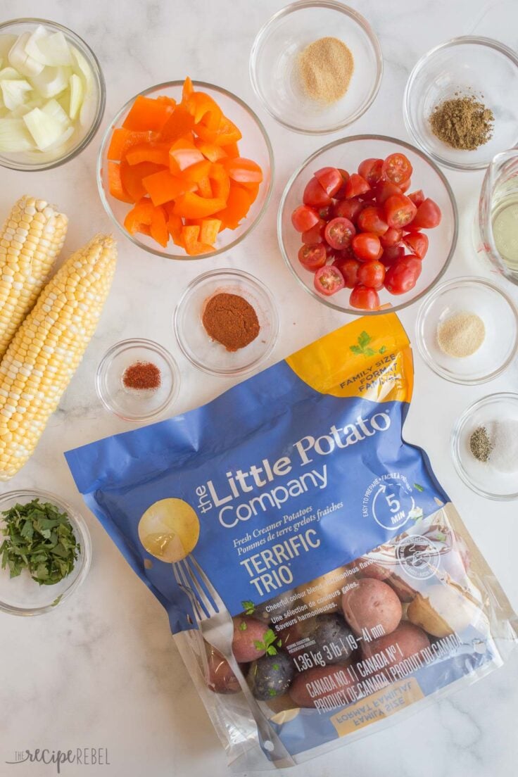 overhead image of ingredients for southwest potato salad