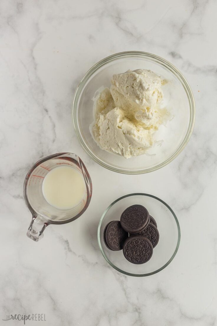 oreo milkshake ingredients on white background