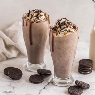 square image of oreo milkshakes in tall glasses