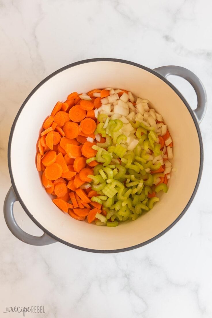 onions celery and carrots in pot