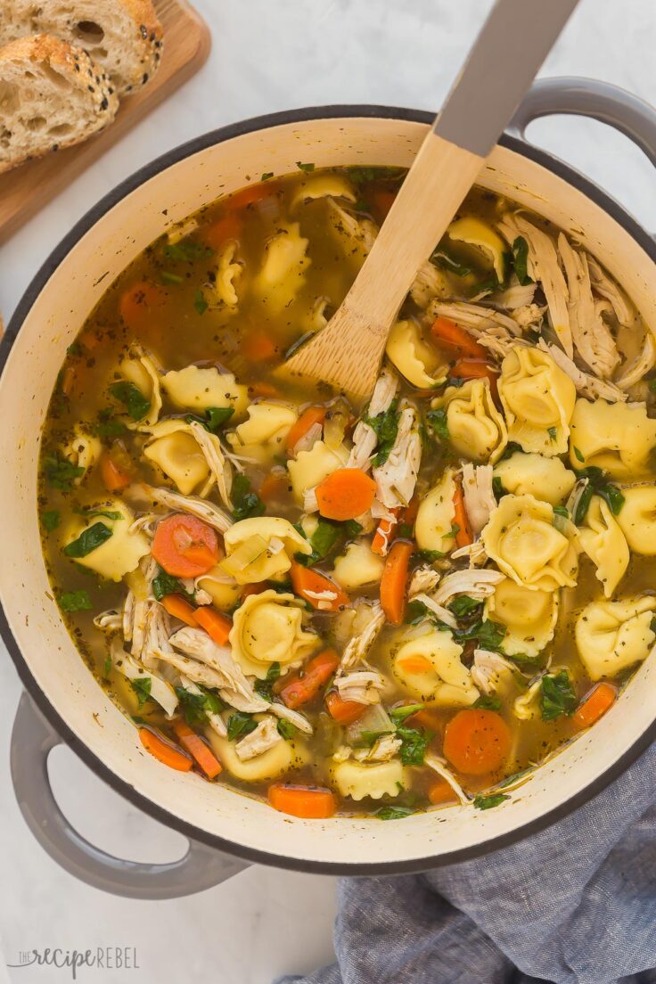 This Chicken Tortellini Soup is loaded with vegetables, tender shredded chicken and cheese tortellini! Easily made stove top or crockpot, with fresh or frozen chicken! #soup #chicken #dinner | easy soup recipes | healthy soup | easy dinner ideas | tortellini soup | chicken soup overhead image of chicken tortellini soup in pot