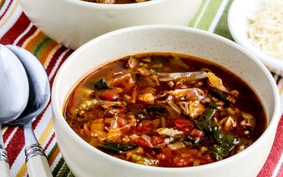 two bowls of cabbage soup with ground beef