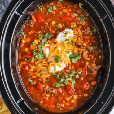 overhead image of taco soup in crockpot