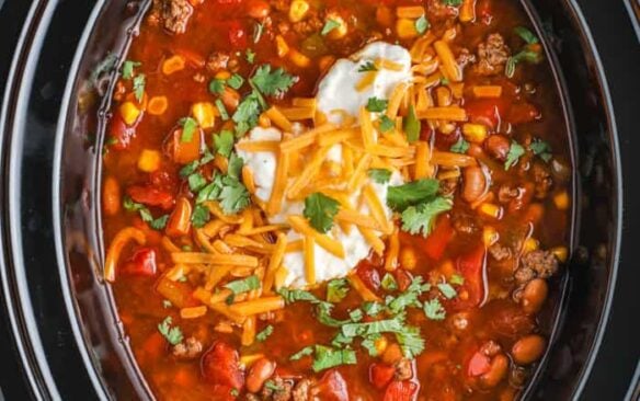 overhead image of taco soup in crockpot