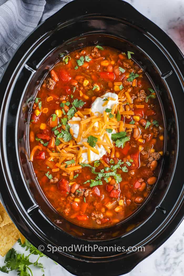 overhead image of taco soup in crockpot