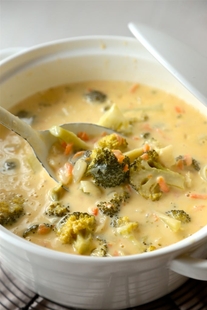close up image of bowl of broccoli cheese soup