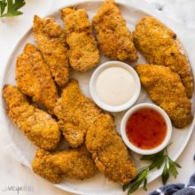 square image of overhead platter of air fryer fried chicken