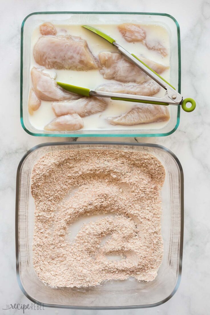 soaked chicken pieces ready to coat in bread crumb coating