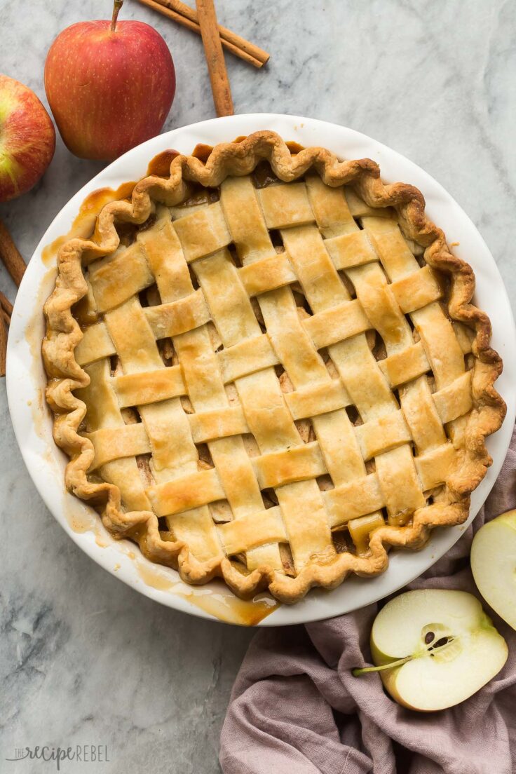 overhead image of whole apple pie