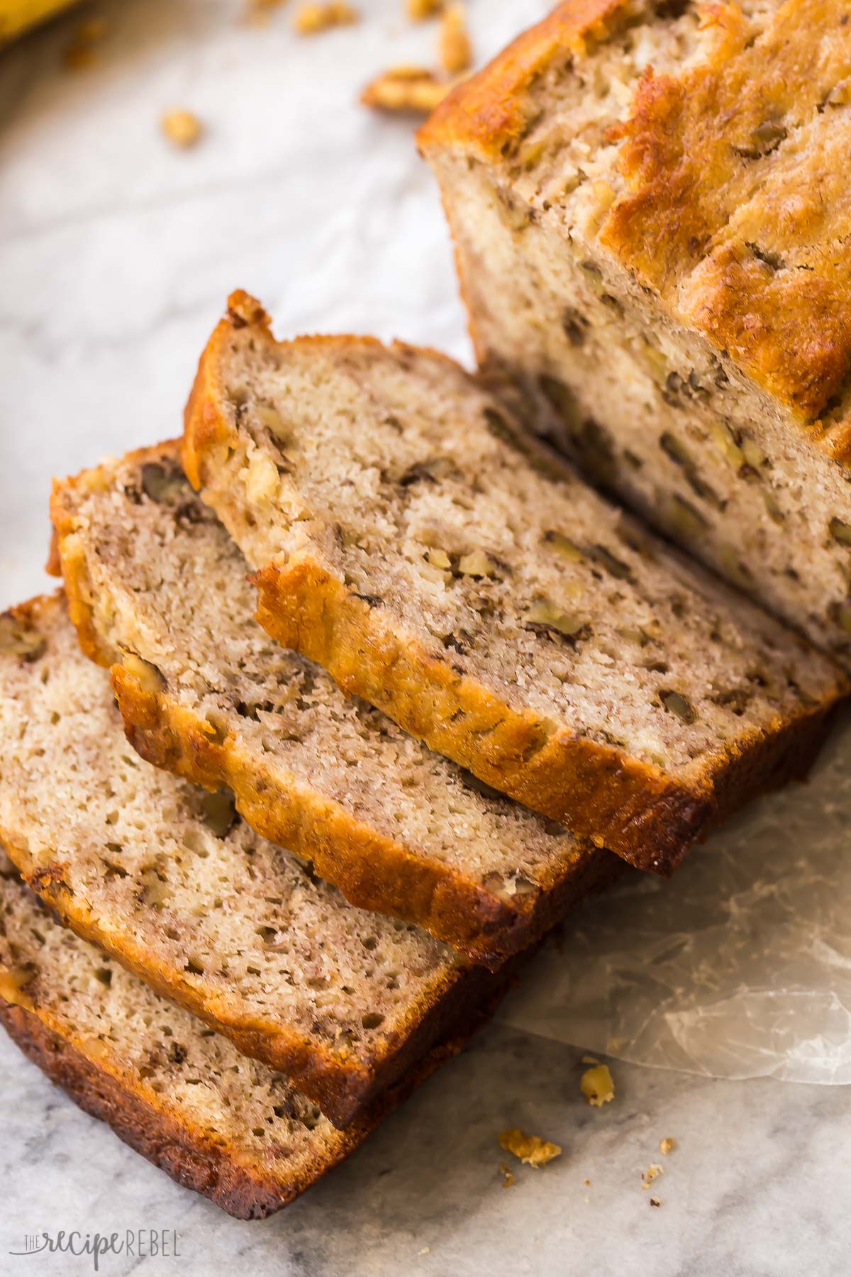 four slices of banana bread stacked