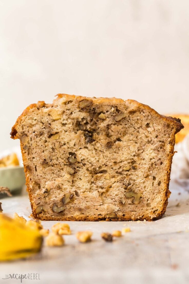 Loaf of banana bread close up with walnuts