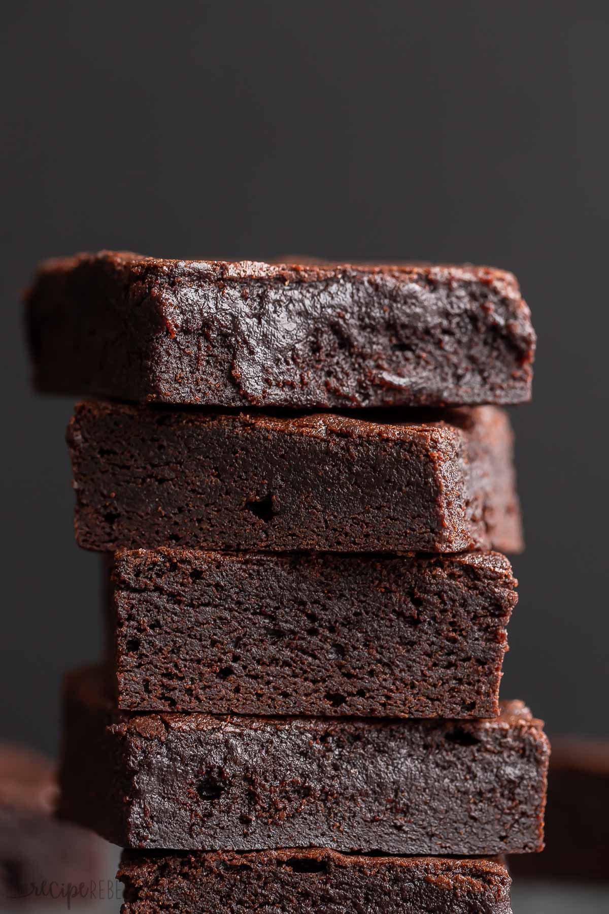 close up image of top brownie on a stack.