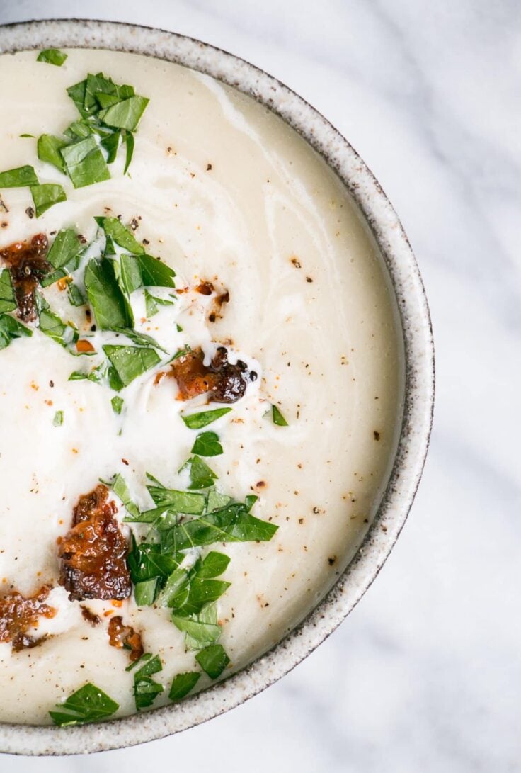 slow cooker cream of leek soup with chorizo in bowl