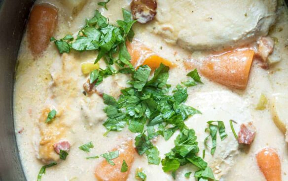 overhead image of ranch chicken casserole in crockpot