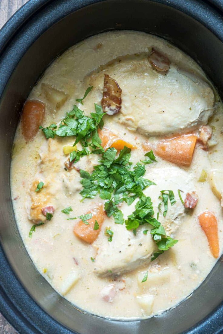 overhead image of ranch chicken casserole in crockpot