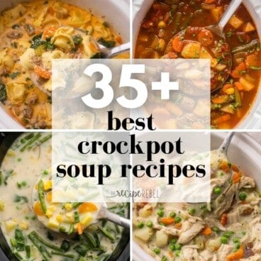 square collage of crockpot soup recipes with four images.