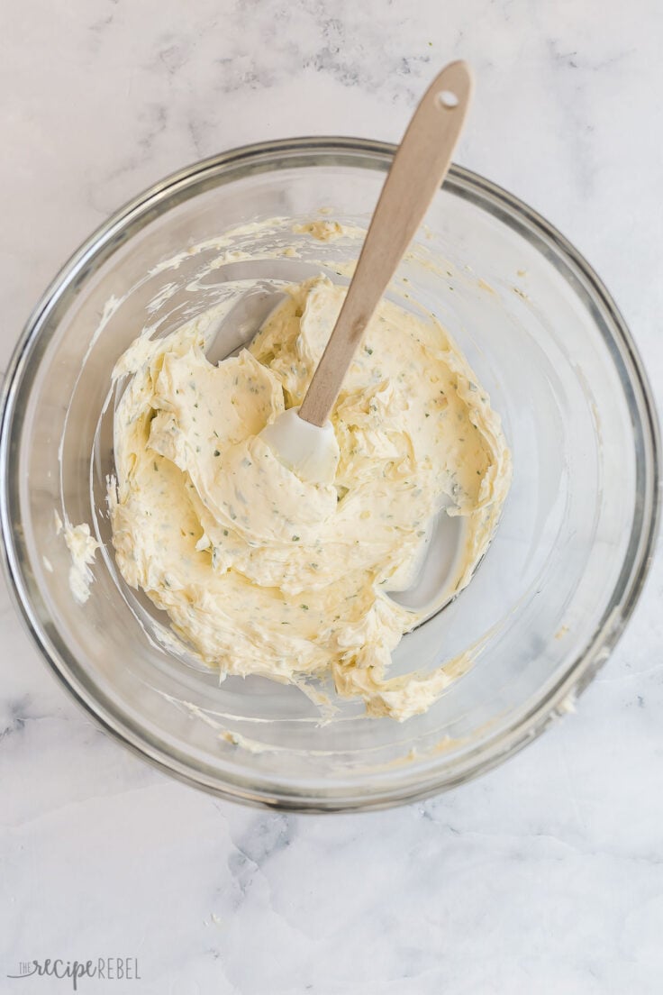 overhead image of finished garlic butter in a glass bowl