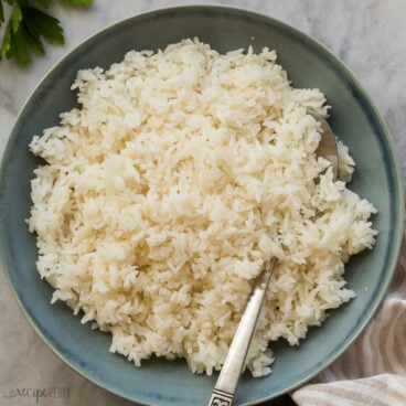 square image of instant pot jasmine rice in blue bowl