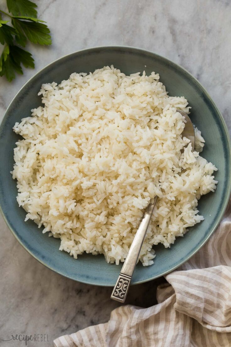 overhead image of instant pot jasmine rice in blue bowl