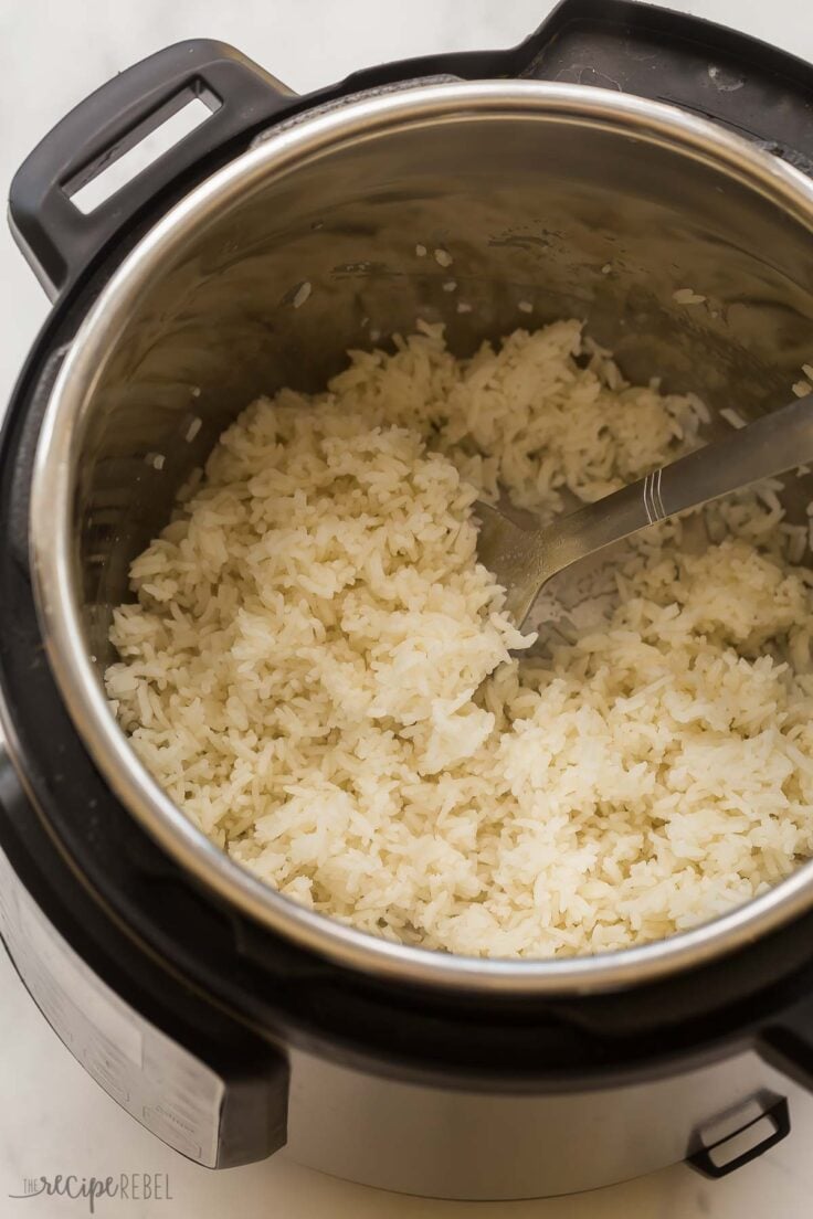 close up image of fluffed jasmine rice in the instant pot