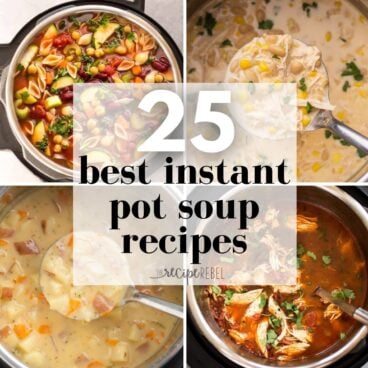 square image for instant pot soup recipes with four images and title.