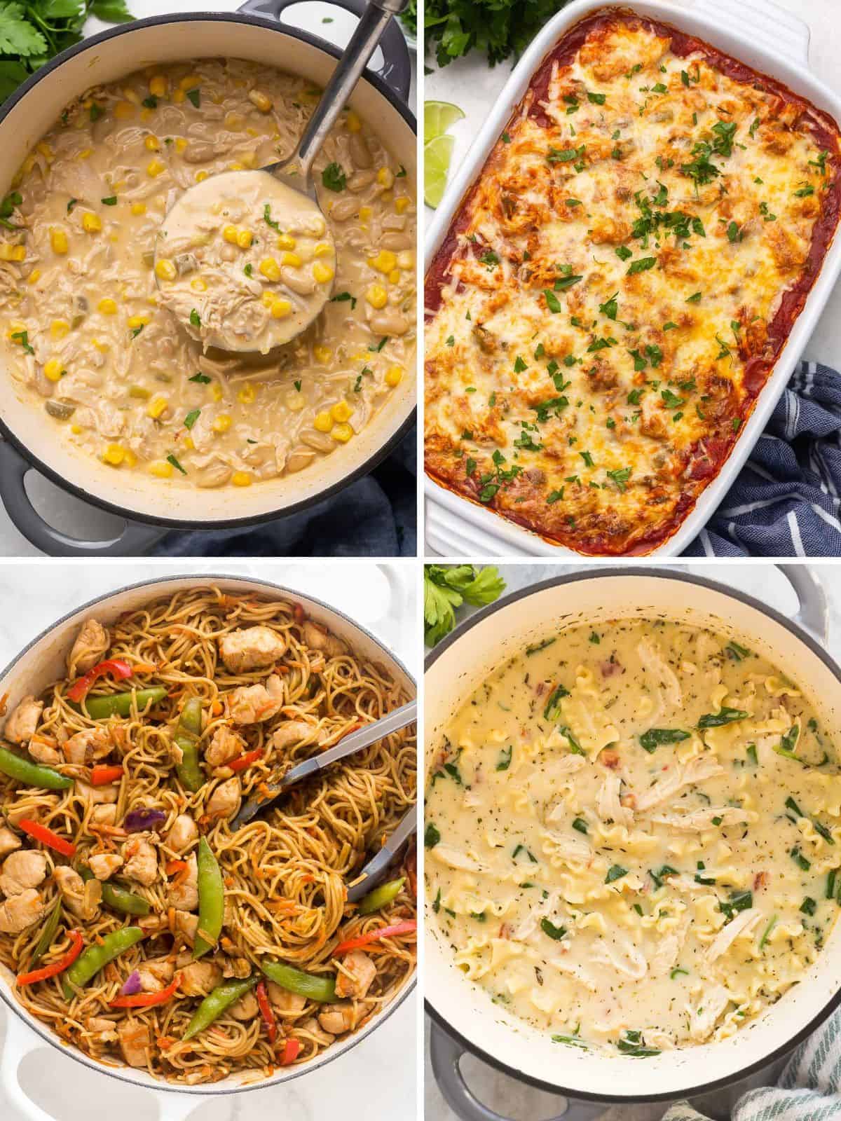 square collage of four shredded chicken recipes images.