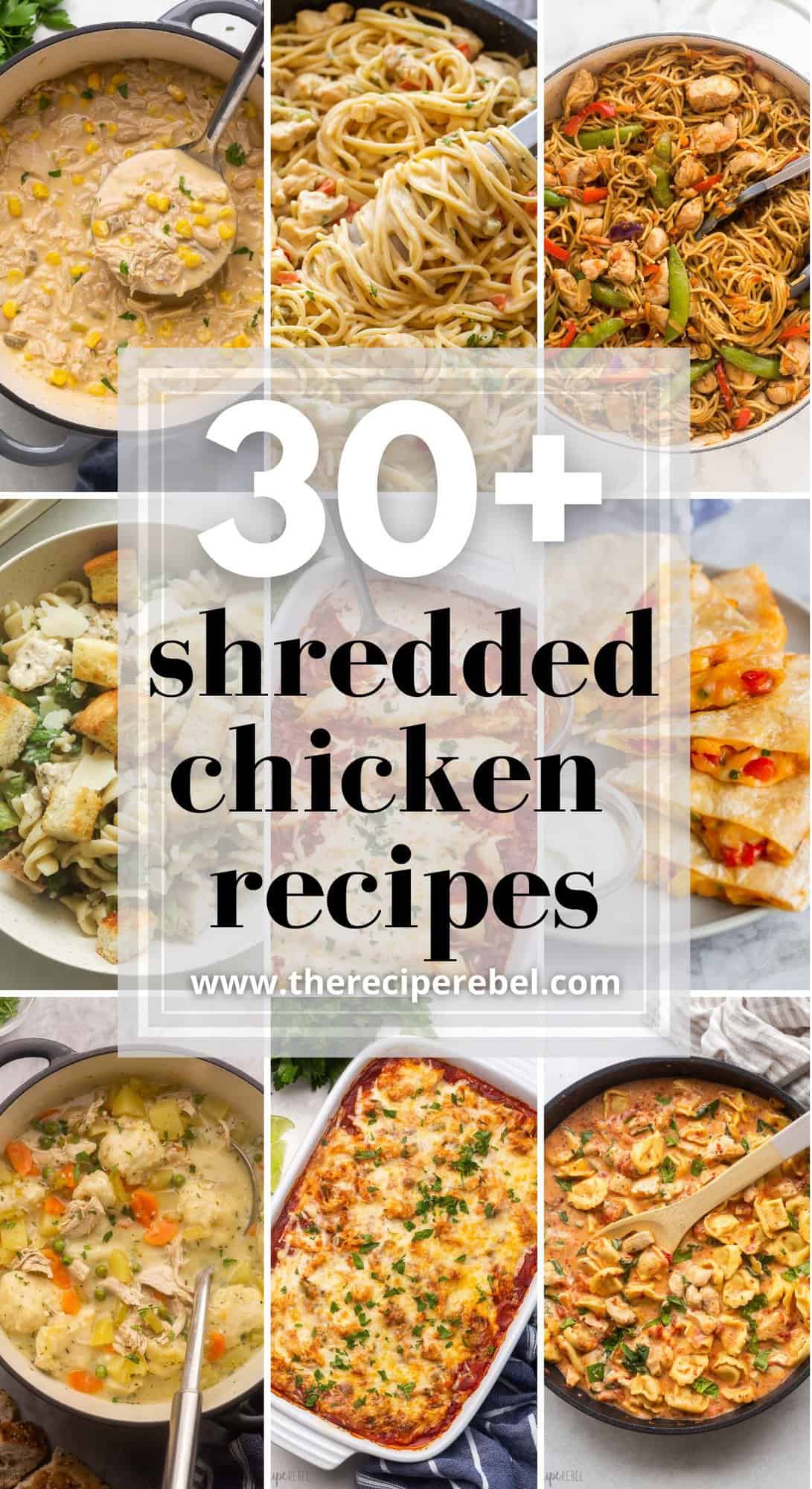 pinterest collage of shredded chicken recipes with nine images and text.
