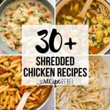 square collage image for shredded chicken recipes with four images and title