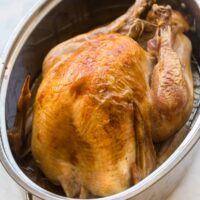 whole roast turkey in roasting pan with golden skin
