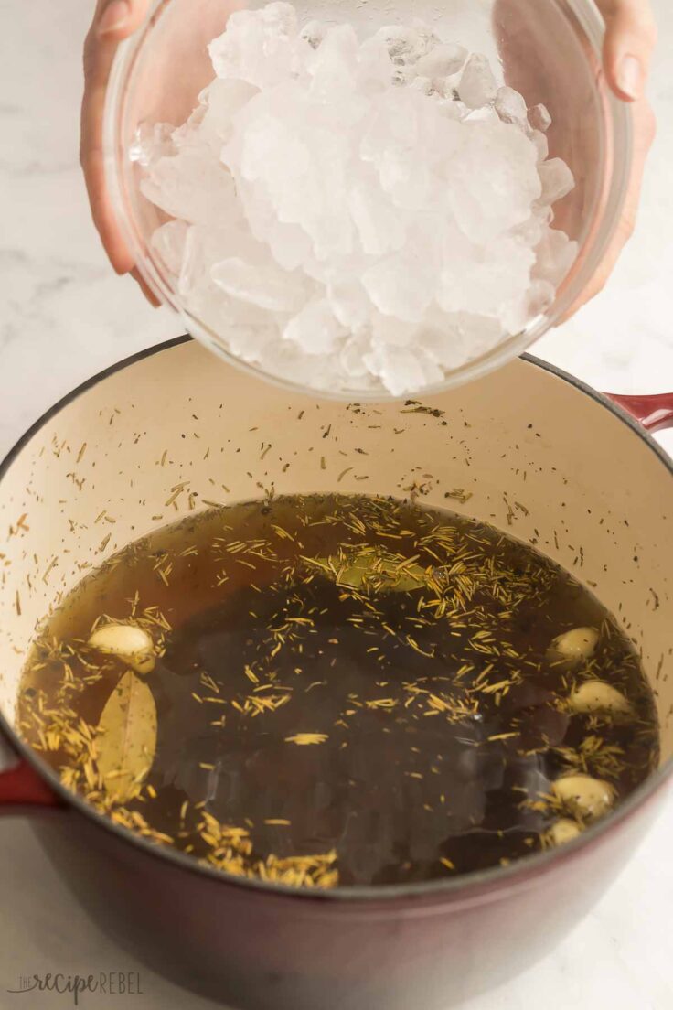 ice water being added to turkey brine