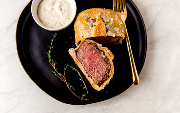 overhead image of individual beef wellingtons