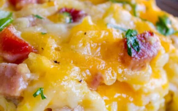 close up image of overnight hashbrown breakfast casserole