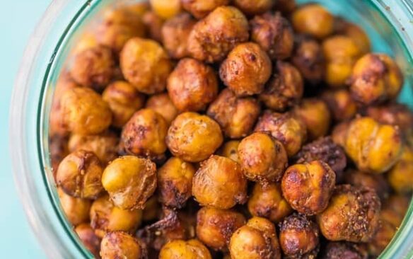 overhead image of air fryer chickpeas in jar