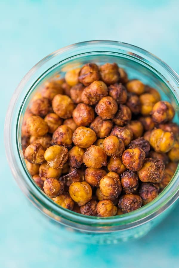 overhead image of air fryer chickpeas in jar