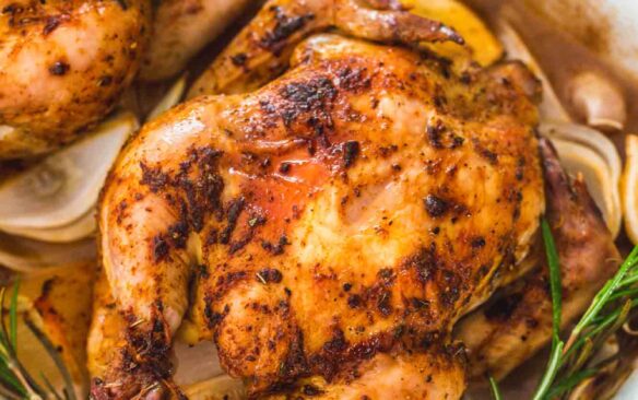 overhead image of roasted corn hens